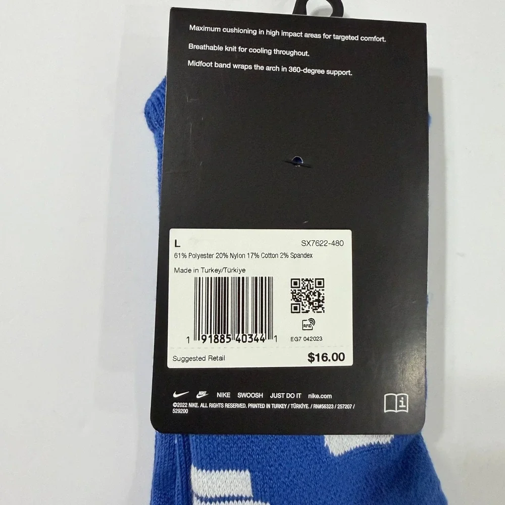 Nike Elite Basketball Crew Socks Royal Blue White SX7622-480 Mens 8-12 Large